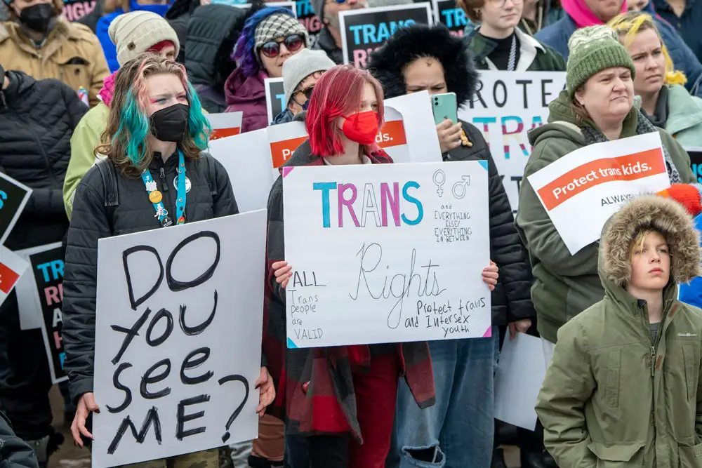 Minnesotans hold a rally at the state capitol in St. Paul to support trans kids in March 2022. (Michael Siluk/UCG/Universal Images Group via Getty Images)