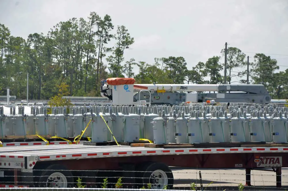 Replacement transformers stocked at FPL's facility in Palm Coast ahead of Hurricane Dorian in 2019. (© FlaglerLive)