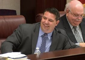 Sen. Travis Hutson was far more relaxed and jovial this time, compared with when he heard a similar bill in last year's session. He opposed it then. He approved it today. Click on the image for larger view. (© FlaglerLive via Florida Senate)