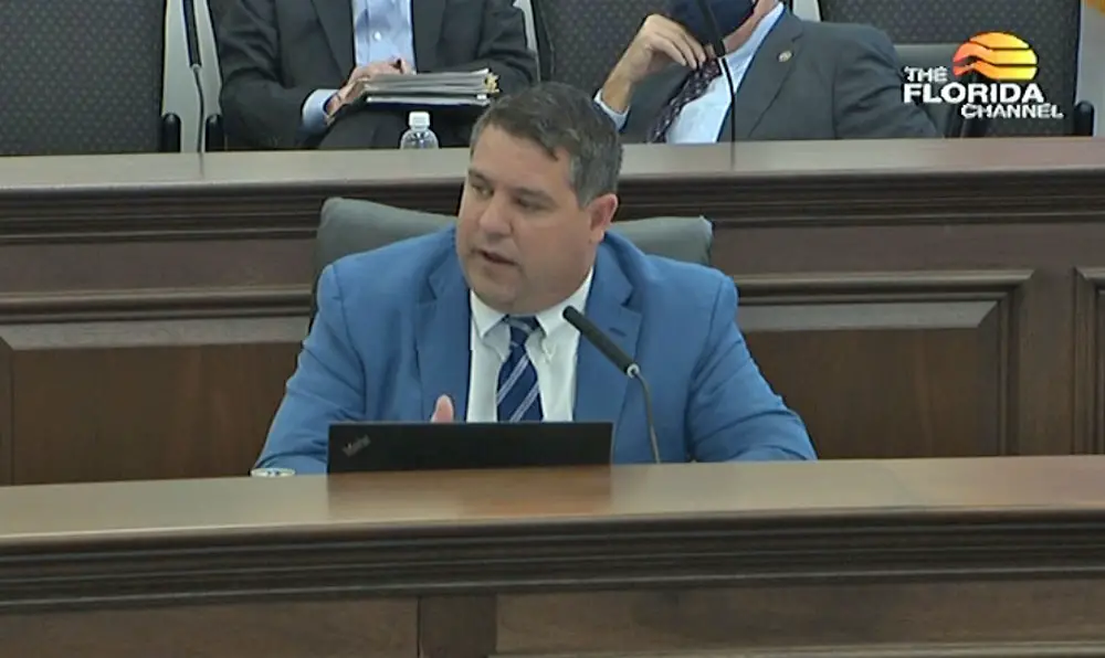 Sen. Travis Hutson speaking at today's Appropriations Committee hearing during the segment on a vacation-rental bill. Hutson voted to preserve local regulatory authority. (© FlaglerLive via Florida Channel)