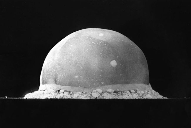 The first atomic bomb explosion, 16 milliseconds in, at the Trinity Test Site in New Mexico, July 16, 1945. (Berlyn Brixner / Los Alamos National Laboratory)