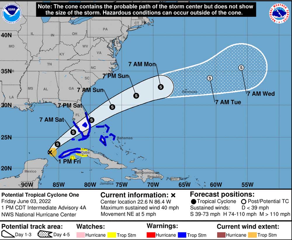 The National Hurricane Center is expected to name Tropical Storm Alex Friday afternoon. The storm will move rapidly across the southern Florida Peninsula, with no direct impacts on Flagler County. (NOAA)