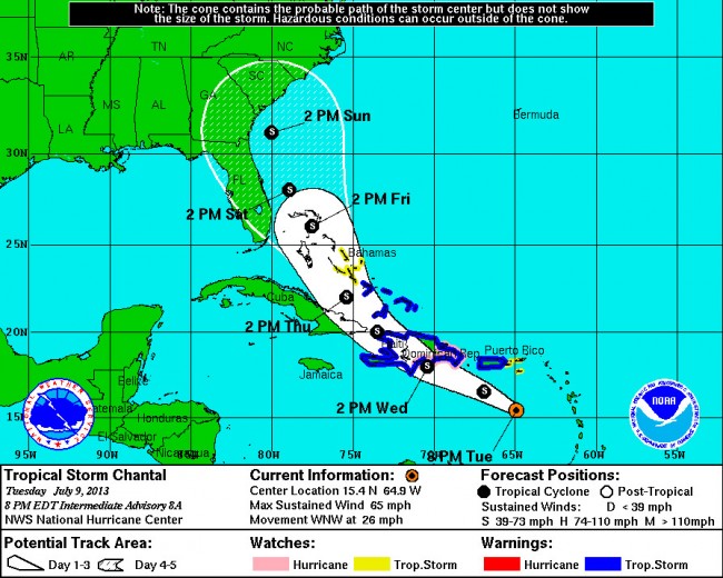 Tropical Storm Chantal at 8 p.m. Tuesday, July 9. click on the map for larger view. (NOAA)