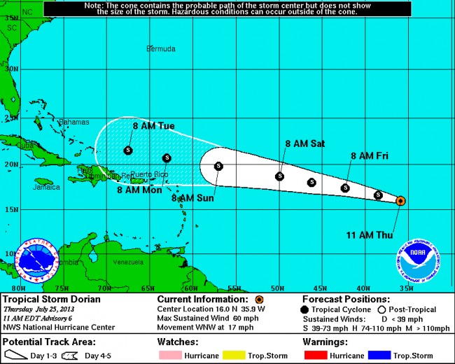 Tropical Storm Dorian as of 11 a.m. Thursday. Click on the map for larger view. (National Hurricane Center)