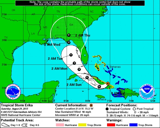 Tropical Storm Erika on Saturday at 8 a.m.: The storm path's westward migration continued overnight, now showing it almost clear of most of Florida. Click on the map for larger view. 