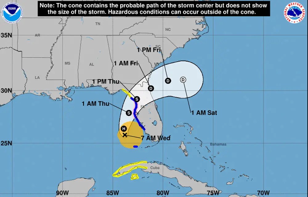 Hurricane Eta Wednesday morning was swinging from Florida's west coast back onto the peninsula, but was expected to weaken down to a depression by the time it reaches the Flagler region late Thursday and early Friday. (© FlaglerLive)
