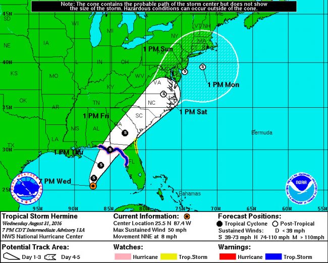 Tropiocal Storm Hermine's path, as of Wednesday evening, well north of Flagler County. See details here. (NOAA)