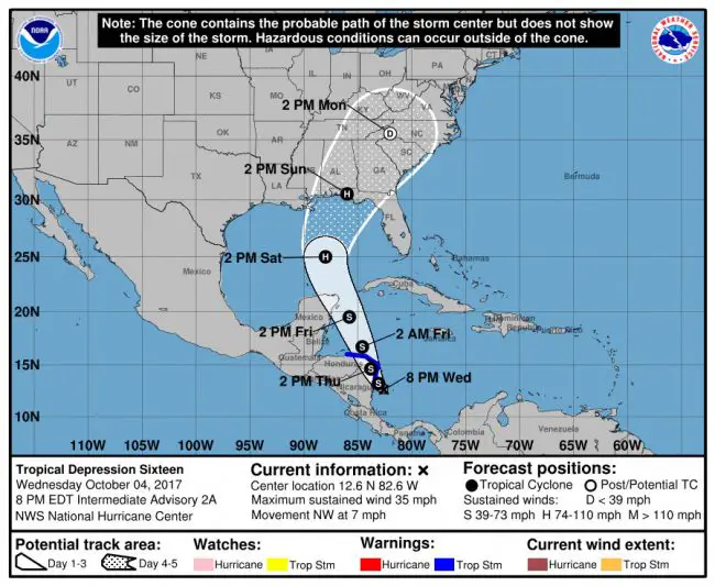What is expected to become Tropical Storm Nate, then Hurricane Nate, is brewing off the coast of Central America, on a path for the Florida Panhandle. (NOAA)