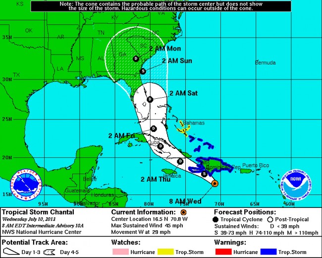 Tropical Storm Chantal as of Wednesday, July 10, 8 a.m. Click on the image for larger view. 