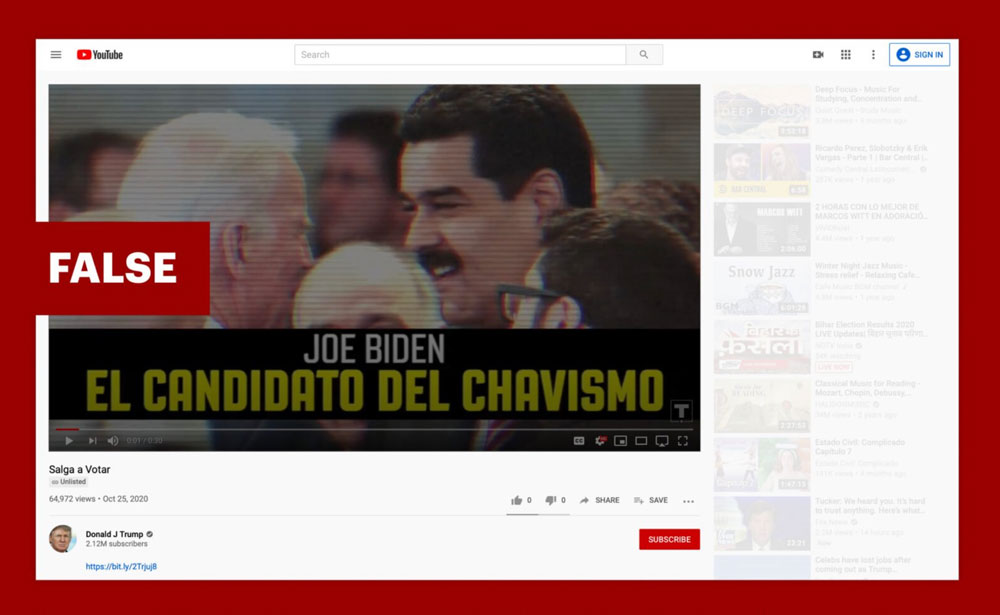 A screenshot of the Trump campaign's false ad claiming that Venezuela's socialist regime was supporting Joe Biden. (YouTube)