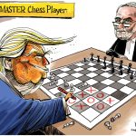 Trump Tic-Tac-Toe on Chessboard vs Iran, Dave Whamond.