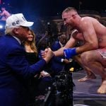Justin Gaethje shakes hands with President Donald Trump after winning the UFC lightweight title fight at the White House on June 14, 2026.
