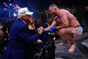 Justin Gaethje shakes hands with President Donald Trump after winning the UFC lightweight title fight at the White House on June 14, 2026.