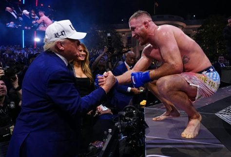 Justin Gaethje shakes hands with President Donald Trump after winning the UFC lightweight title fight at the White House on June 14, 2026.