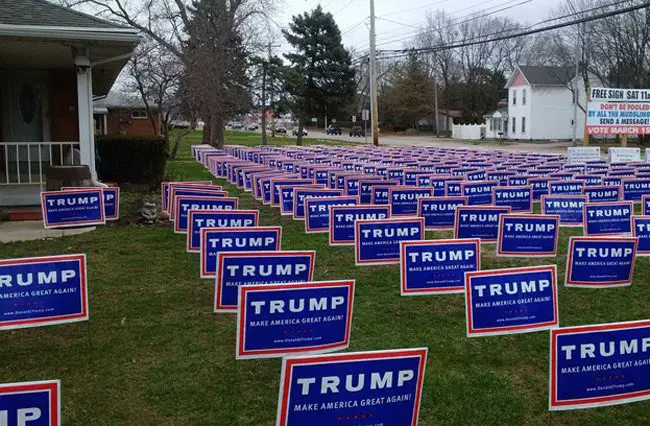 This picture of a yard in West Carrollton, Ohio, is not doctored, as many assumed when it went viral last spring. It was real. As was the Trump working-class groundswell. (Alec McGinnis/ProPublica)