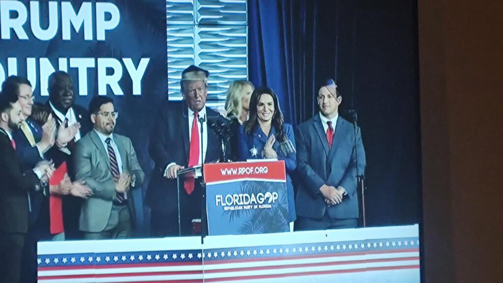 Donald Trump surrounded by Florida Republican state lawmakers who endorsed him on Saturday in Kissimmee on Nov. 4, 2023 (Mitch Perry)