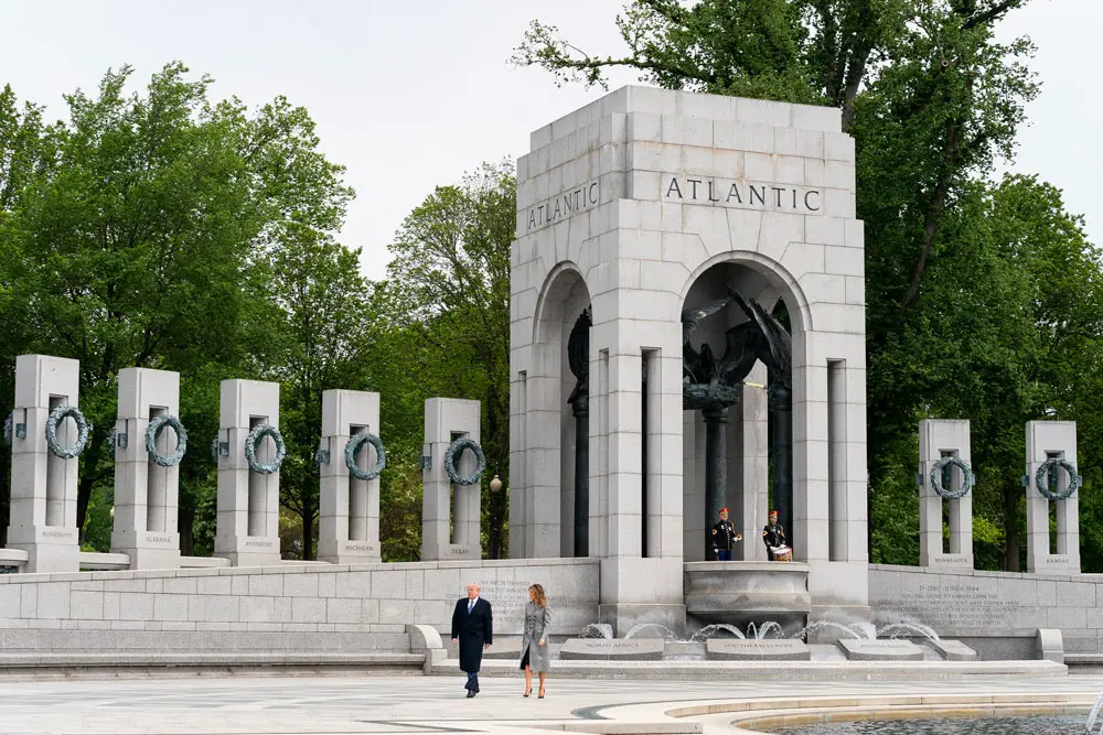 President Trump and Melania Trump at the World War II Memorial in Washington earlier this week. A fifth as many Americans have died in three months of the coronavirus emergency as did in four years of World War II. (White House)