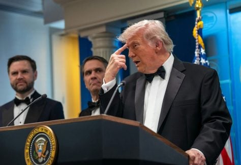 President Donald Trump speaks at the White House on April 25, 2026, after the cancellation of the annual White House Correspondents Association Dinner.