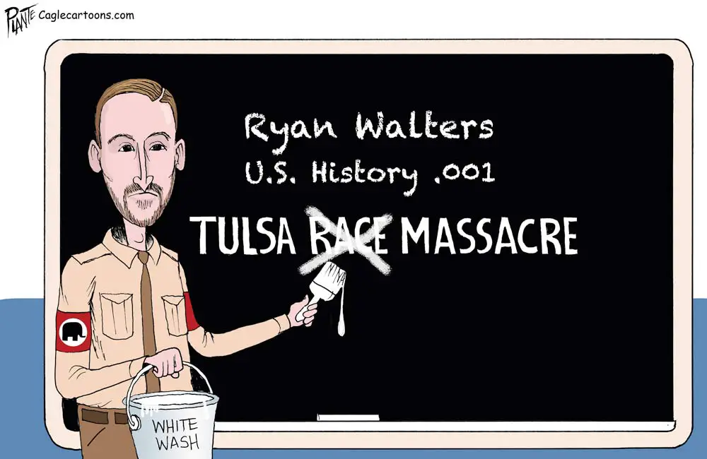 The Oklahoma state education chief is taking a page from Florida's new habit of ripping pages out of history books. (Bruce Plante, PoliticalCartoons.com)