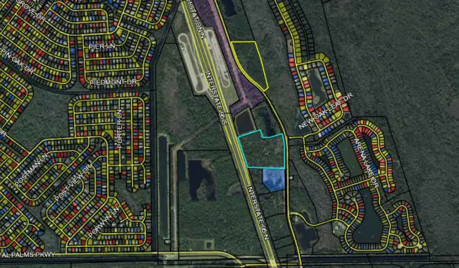 The RF@ Storage facility the Planning Board approved is outlined in yellow, toward the center of the map, on the east side of Old Kings Road. The facility the Palm Coast City Council approved on Tuesday is outlined in light blue, just to the south, on the west side of Old Kings Road. The map is from the Property Appraiser's website. 