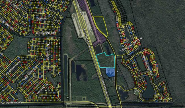 The RF@ Storage facility the Planning Board approved is outlined in yellow, toward the center of the map, on the east side of Old Kings Road. The facility the Palm Coast City Council approved on Tuesday is outlined in light blue, just to the south, on the west side of Old Kings Road. The map is from the Property Appraiser's website. 