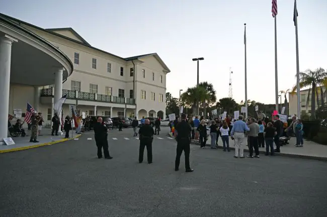 The scene outside the Government Services Building before the school board meeting this evening. (© FlaglerLive)