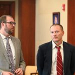 Tyler Habdas, right, with his attorney, Spencer O'Neal, at the beginning of this week's three-day trial. (© FlaglerLive)