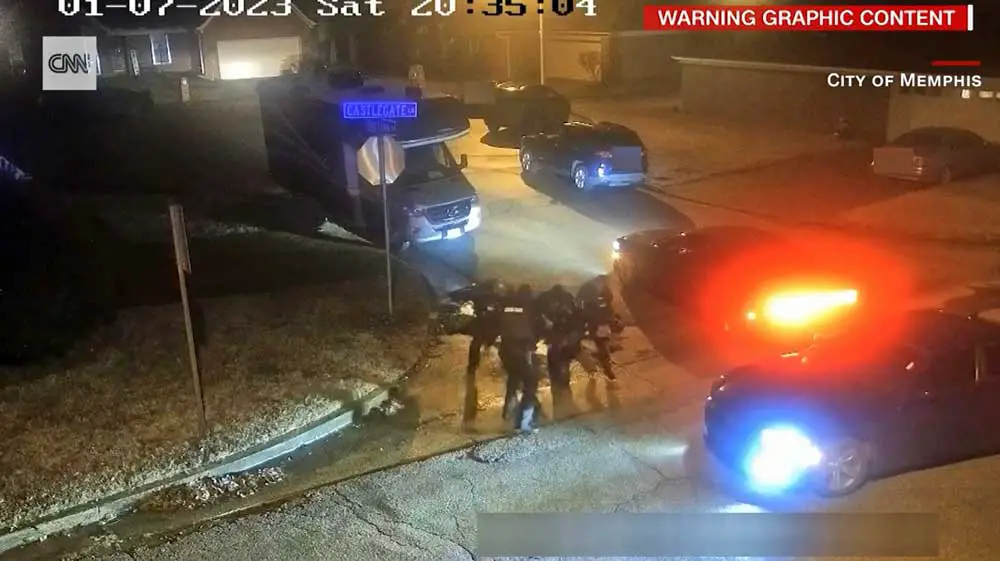 A screen capture from video of the Tyre Nichols beating, released by the Memphis Police Department and broadcast by CNN, among innumerable other media. (© FlaglerLive via CNN)