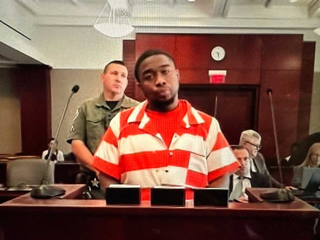 Tyrese Patterson in court in June. (© FlaglerLive via zoom)