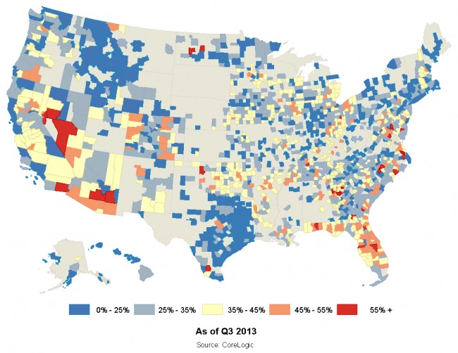 Where the underwater mortgages are concentrated: Flagler and Florida still flirt with the top. Click on the map for larger view. (CoreLogic)