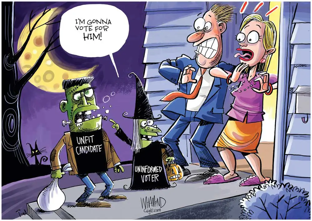 Unfit candidates of Flagler County, you know who you are. But it takes a little self-awareness to know one's an uninformed voter. (Scary costumes by Dave Whamond, Canada, PoliticalCartoons.com)