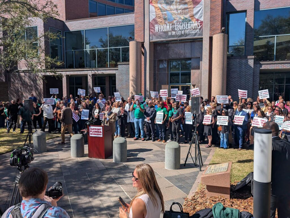 Rally in front of Tallahassee City Hall with union workers on March 2, 2026. (Photo by Mitch Perry/Florida Phoenix)