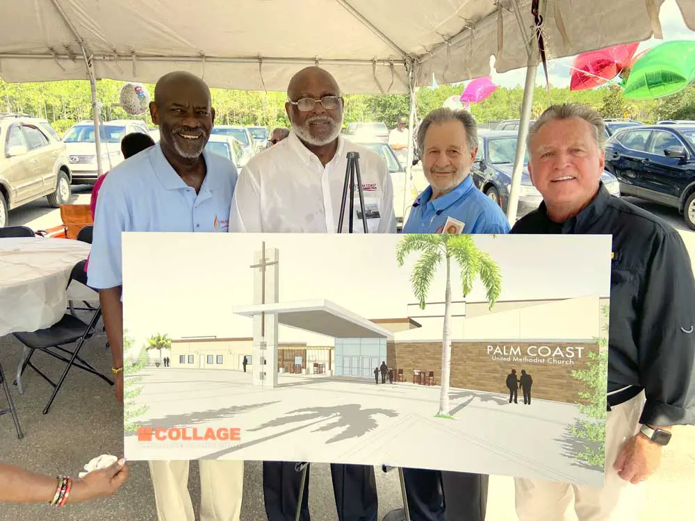 Pictured with a rendering of the new Palm Coast United Methodist Church campus are, from left: PCUMC church officials the Rev. Dr. Kevin James Sr., Jim Gary and Larry Torino, plus Brian Walsh, CEO of the Collage Companies. FlaglerLive photo