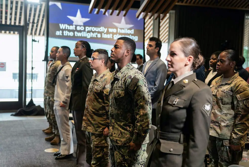 Military personnel attend a special naturalization ceremony in New York on June 30, 2023. 