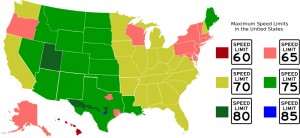 Speed limits across the United States. Click on the map for larger view. (Wikipedia)