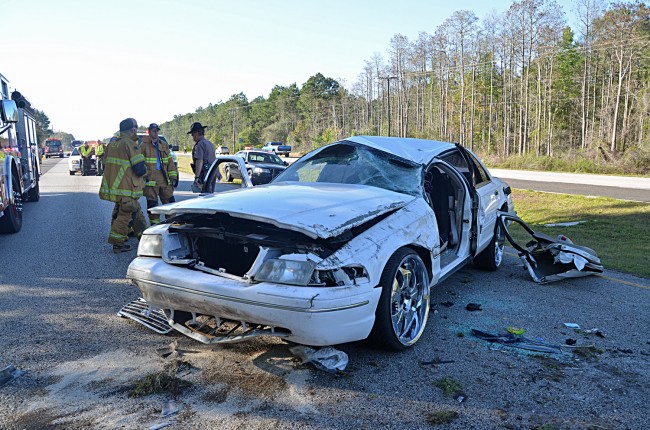 Both driver and passenger of the Crown Victoria were evacuated to Florida Hospital Flagler with injuries. Click on the image for larger view. (© FlaglerLive)