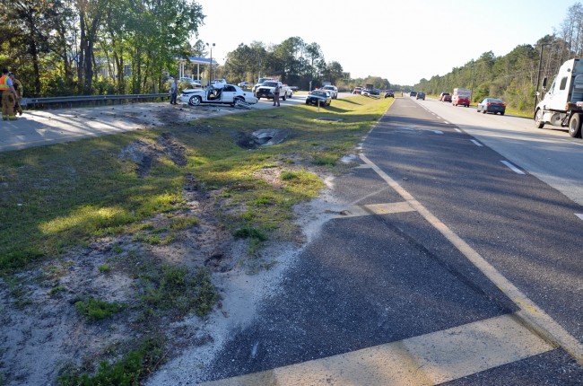 The trajectory the car followed after swerving off the northbound lanes. Click on the image for larger view. (© FlaglerLive)