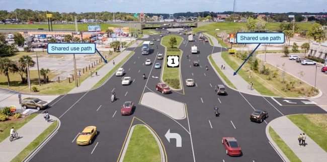 A rendering of planned improvements, including a third lane on U.S. 1 and shared used paths. (FDOT)