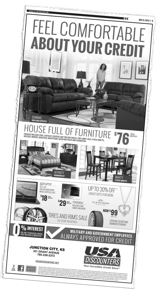 A USA Discounters ad that ran in the May 9, 2014 edition of The 1st Infantry Division Post, a newspaper produced by Fort Riley,  Kansas. Click on the image for larger view. 