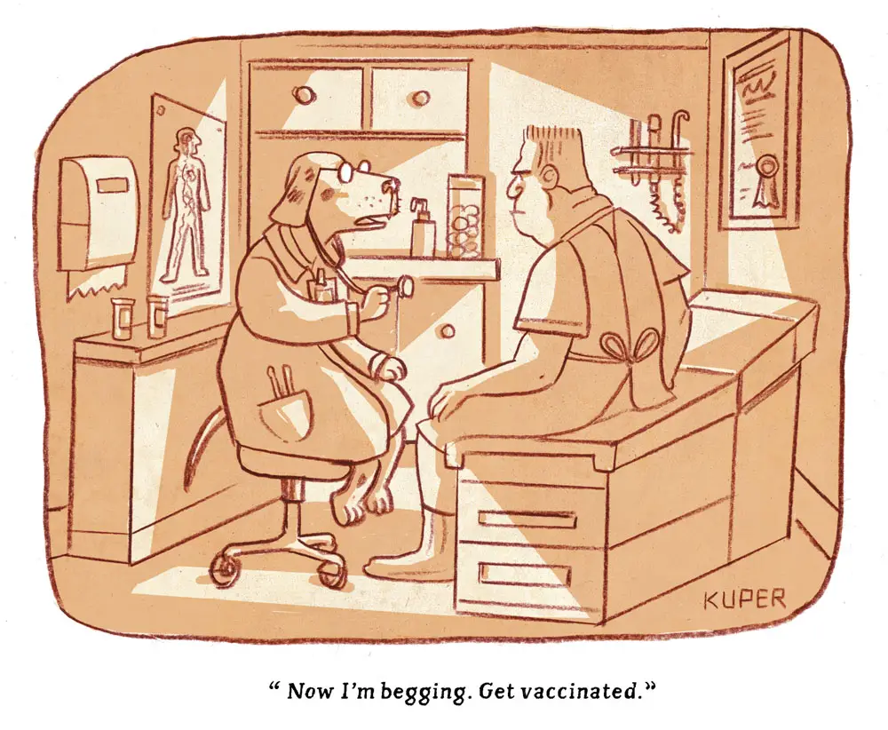 dog begging vaccination covid Peter Kuper, PoliticalCartoons.com