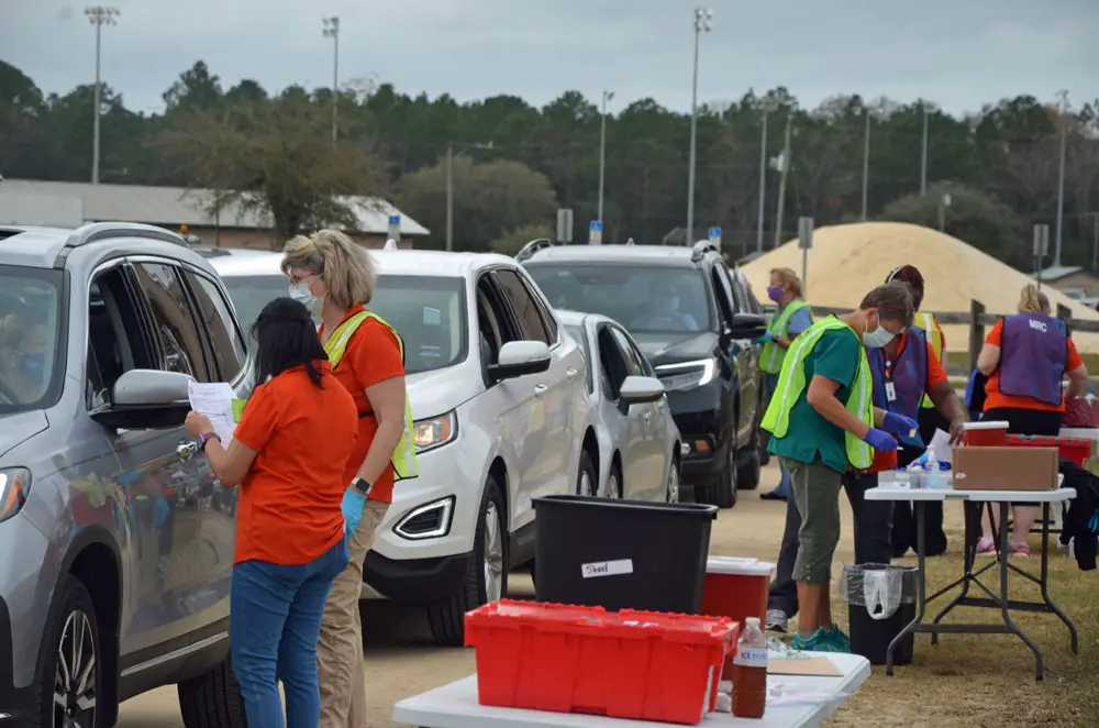 The Covid-19 vaccination station at the Flagler County Fairgrounds this morning. (© FlaglerLive)
