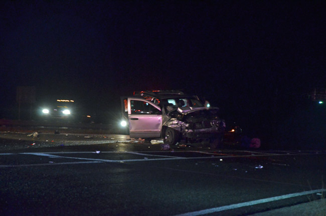 One of the vehicles involved in this morning's pre-dawn crash at I-95 just south of Palm Coast Parkway. (© FlaglerLive)