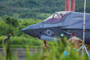 U.S. Marines park a Lockheed Martin F-35B fighter aircraft at Naval Station Roosevelt Roads in Puerto Rico on Sept 13, 2025.