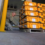 Army Master Sgt. Brooks Young, a Louisiana National Guardsman, helps package and ship ventilator equipment to support the state and federal COVID-19 response in Baton Rouge, La., April 1, 2020.