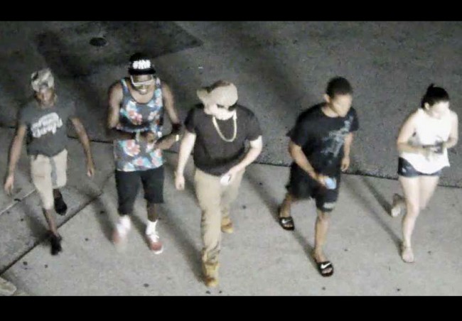 A surveillance video still captures the suspects involved in the incident at European Village on July 9. Click on the image for larger view. 