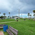 The significant portion of Veterans Park in Flagler Beach that DC Blox, the data company, was seeking an easement for is demarcated by the sidewalk, going north toward the monument and State Road 100. (© FlaglerLive)