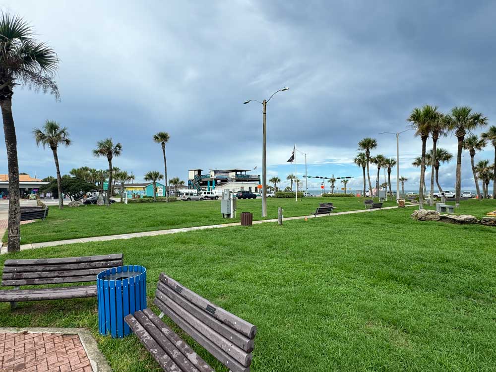 The significant portion of Veterans Park in Flagler Beach that DC Blox, the data company, was seeking an easement for is demarcated by the sidewalk, going north toward the monument and State Road 100. (© FlaglerLive)