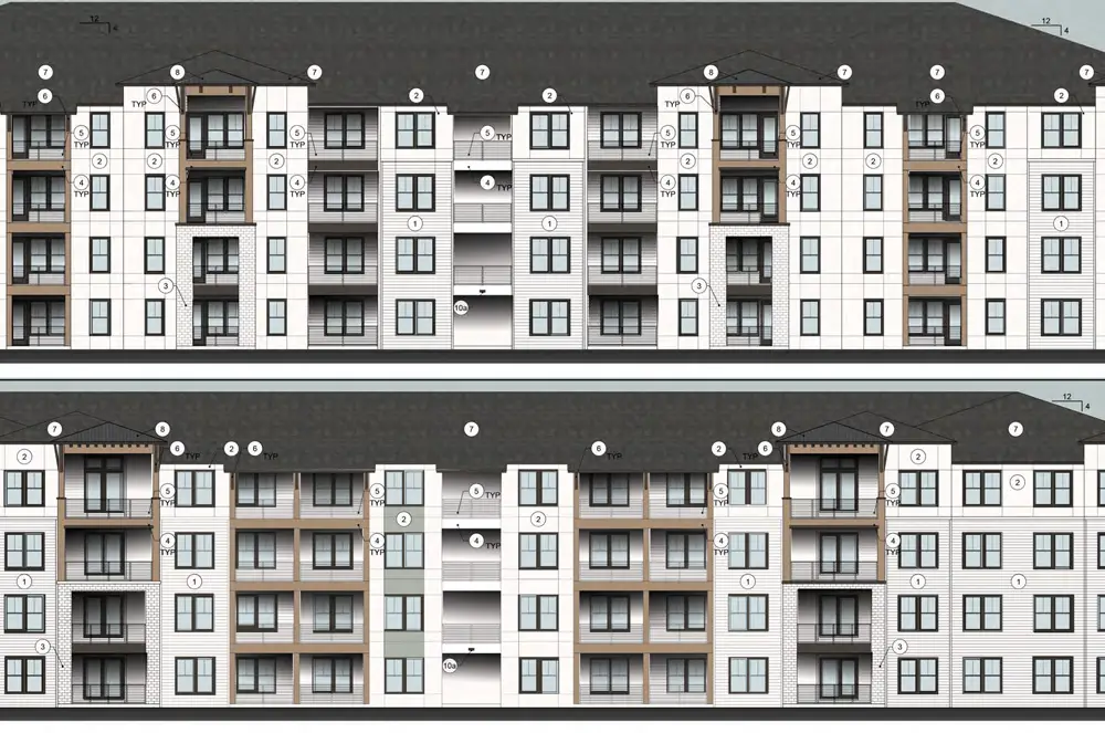A rendering of two views of one of the four-story buildings at Ocean Village, a proposed development off State Road 100. 