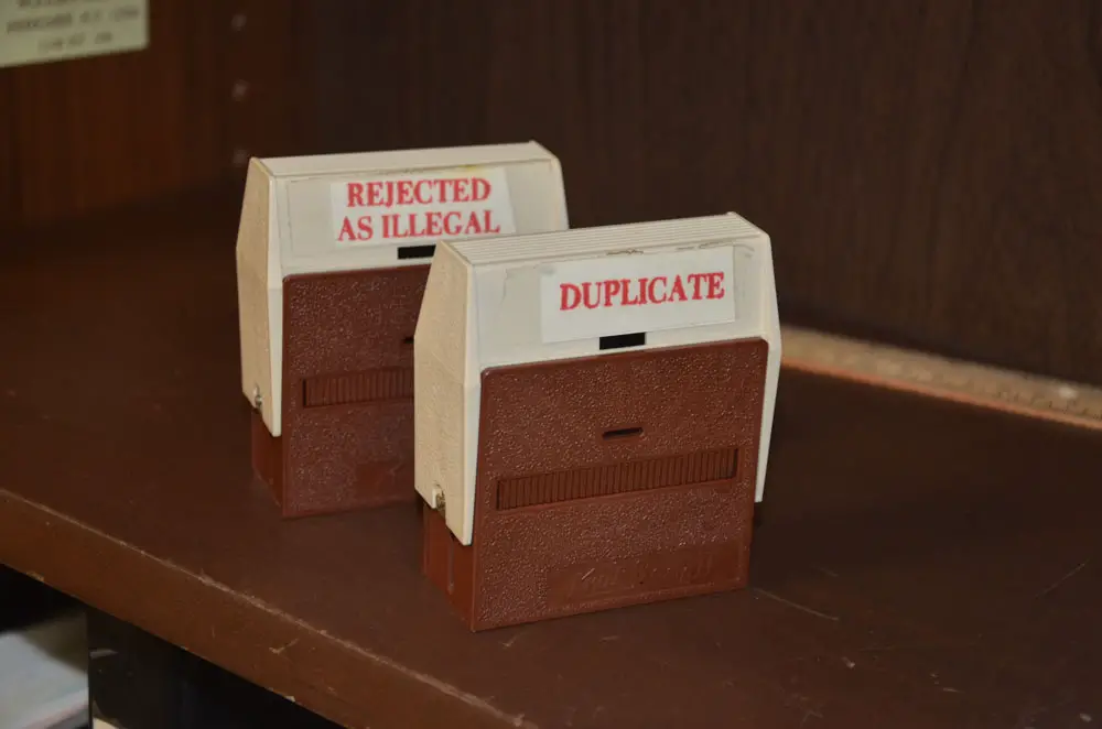 Some of the stamps used at the Flagler County Supervisor of Elections' office during canvassing of ballots. (© FlaglerLive)