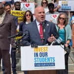 Florida Education Association President Andrew Spar announced the lawsuit Tuesday, May 5, 2026, in front of the Florida Historic Capitol during a news conference for teacher appreciation week.